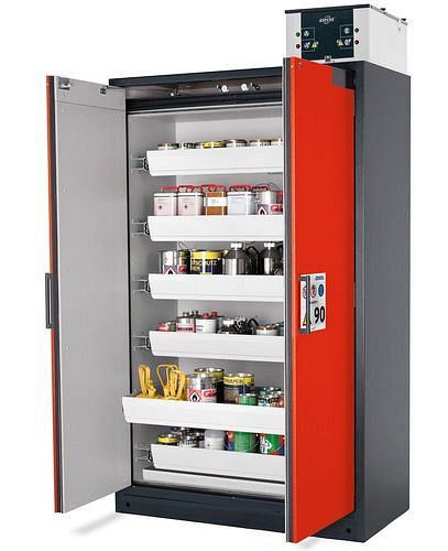asecos Feuerbeständiger Gefahrstoffschrank Select W-126, 6 Auszugswannen, Türen rot, 201054