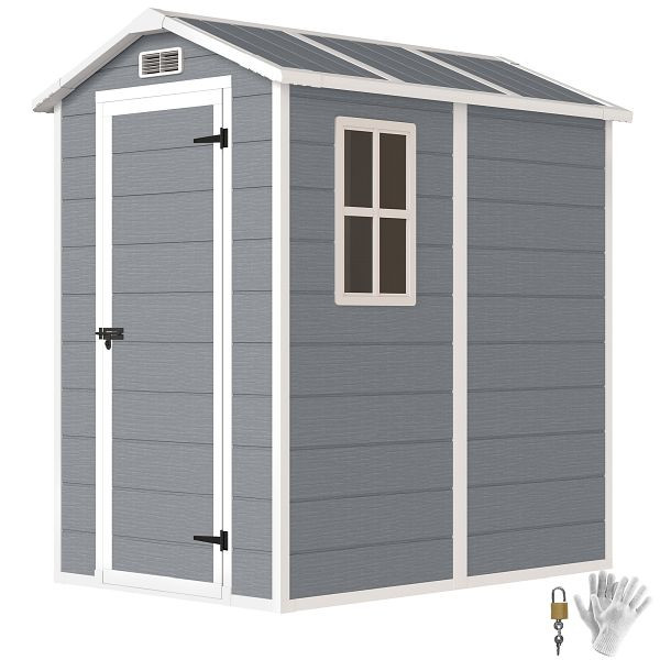Outsunny Gartenschuppen, Kunststoff-Gartenhaus mit Boden, Fenster, verschließbare Türen, für Garten, 131B x 186T x 198H cm, Grau, 84H-157V00GY