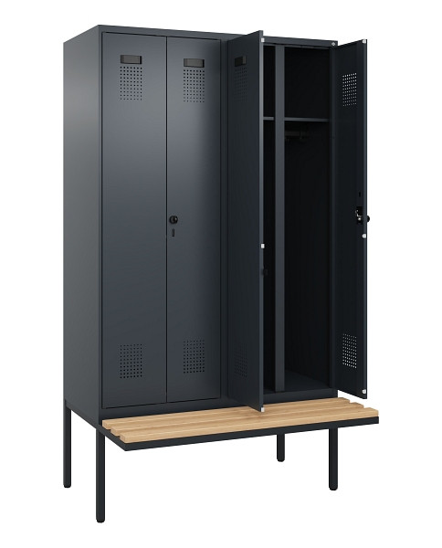 C+P Schwarz-Weiß-Spind Evolo PLUS, Bank, 4 Abteile, 2120x1200x815mm, 7016/7016, Drehriegel, Sitzfläche Holz, 0490427-40 S10016