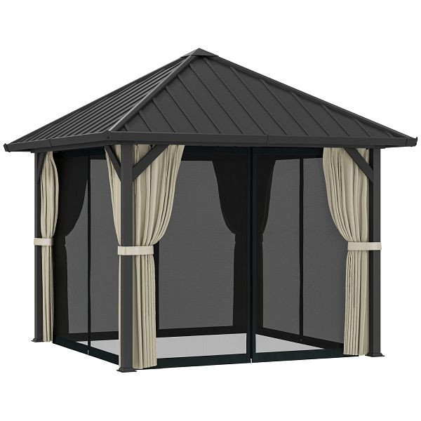 Outsunny 3 x 3 m Hartdach-Pavillon, Gartenpavillon mit Metalldach, Wasserfestes Gartenzelt mit Netz und Seitenwänden, Dunkelgrau, 84C-618V00CG