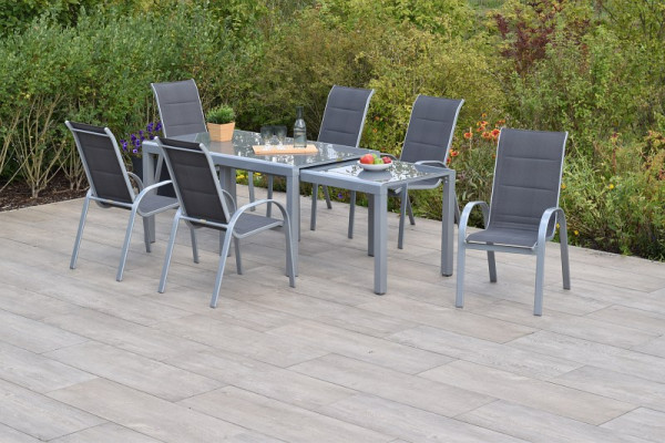 Merxx Amalfi di Lusso Set 7-teilig, anthrazit, 6 Amalfi di Lusso Stapelsessel, 1 Flex Ausziehtisch 160 (320) x 78 (75) cm, Silber/anthrazit, 50703-307