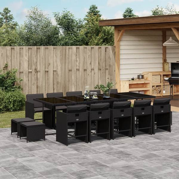 vidaXL 15-tlg. Garten-Essgruppe mit Kissen Schwarz Poly Rattan, UV-beständig, 3277938