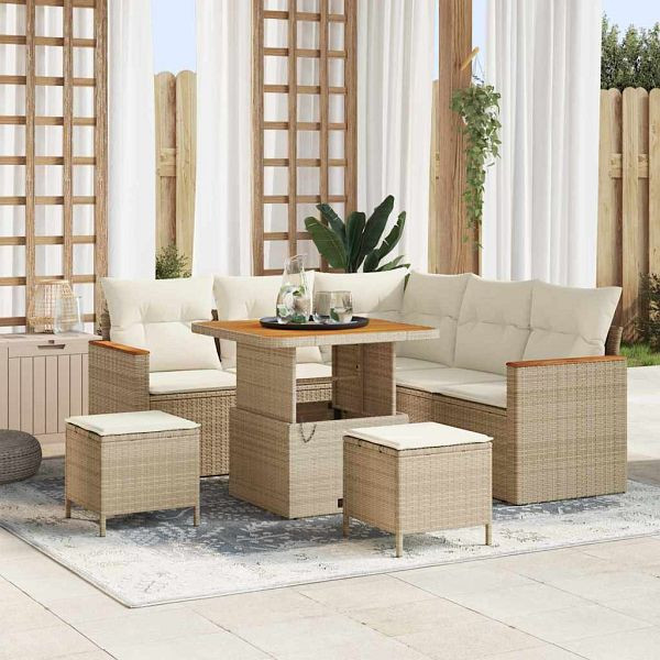 vidaXL Garten-Sofa-Set mit Kissen mit Speicher 8-teilig Beige Poly-Rattan, 3364991