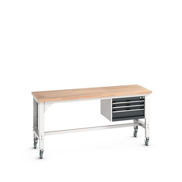 bott cubio Werkbank mobil mit Hängeschrank, 3 Schubladen, Rotbuche, höhenverstellbar, 2000 x 750 mm, 41003485.19V