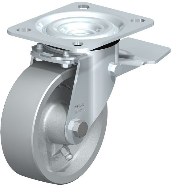 Blickle L-G 100G-ST Stahlblech-Lenkrolle, mittelschwere Ausführung, mit Anschraubplatte & Feststeller, Guss, Grau, 11932