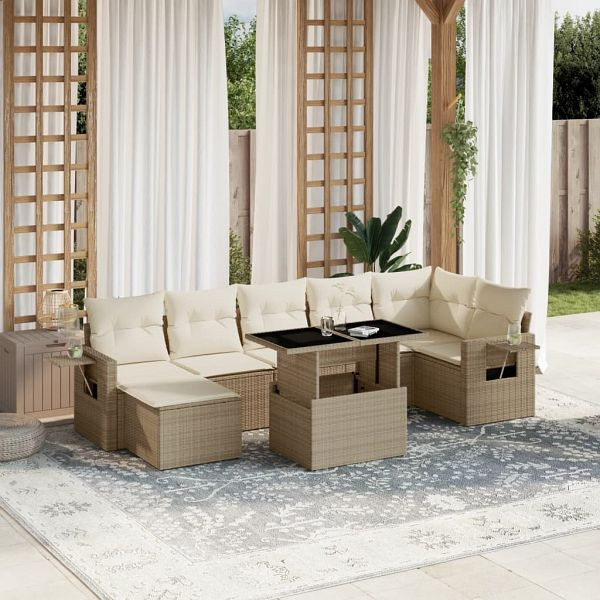 vidaXL 8-teilig Garten-Sofagarnitur mit Kissen Beige Poly Rattan, 3268058