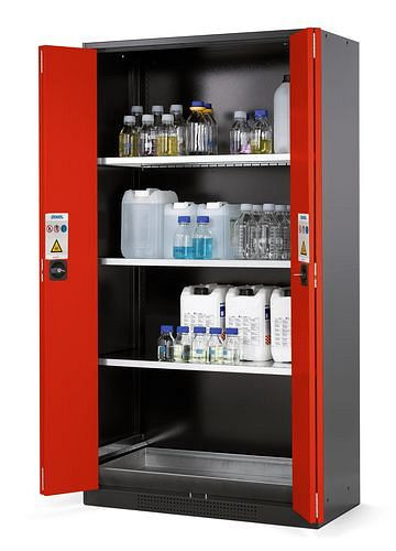 asecos Chemikalienschrank Systema CS-103F, Korpus anthrazit, rot, 3 Einlegeböden und Bodenwanne, 202704