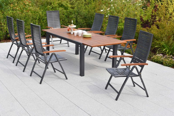 Merxx Tinos Set 9-teilig, 8 Tinos Klappsessel, folierte Armlehnen, Holzoptik, 1 Ausziehtisch 180 (250) x 100 cm, Tischplatte aus Akazienholz, 50451-217