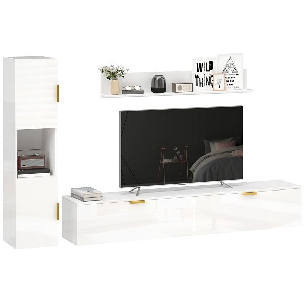 HOMCOM Schwebendes TV-Board mit Klapptüren Entertainment-Center Wandregal Schrank 180 cm Hochglanz Weiß, 83B-692V90WT