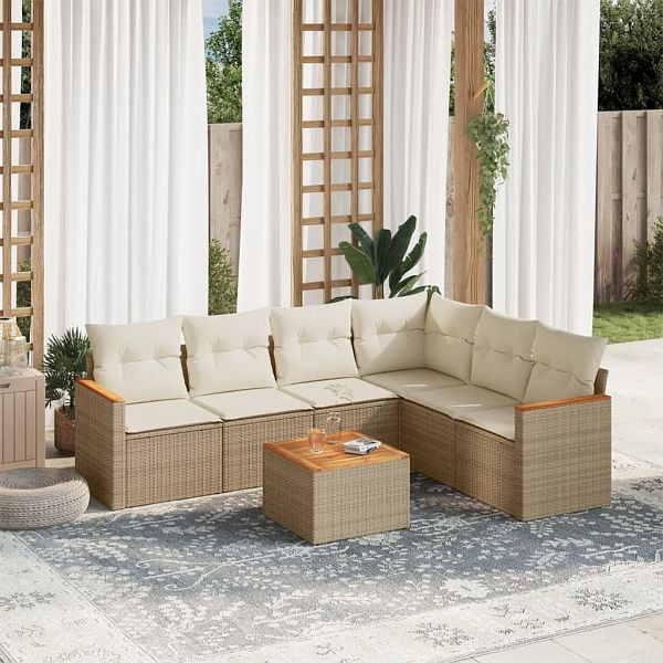vidaXL 7-teilig Garten-Sofagarnitur mit Kissen Beige Poly Rattan, 3226009