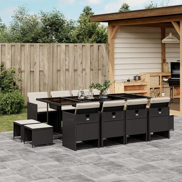 vidaXL 13-tlg. Garten-Essgruppe mit Kissen Schwarz Poly Rattan, UV-beständig, 3277745