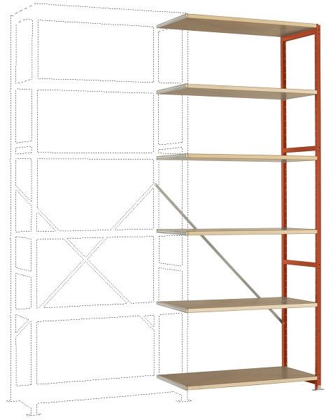 Manuflex Mittelschweres Fachboden-Steckregal Anbauregal mit 6 Holzverbundböden, HxBxT = 2500 x 1000 x 300 mm, rotorange, RP1405.2001