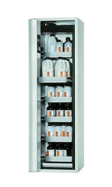 asecos Sicherheitsschrank S-PHOENIX-90, S90.196.060.075.FDAS in lichtgrau RAL 7035 mit 6x Auszugswanne Standard (Edelstahl), 30313-001-30325