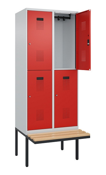 C+P Doppelstock-Spind Evolo PLUS, Bank, 4 Fächer, 2120x800x815mm, 7035/3020, Zylinderschloss, Sitzfläche Buche-Hartholz, 0493407-22 S10032