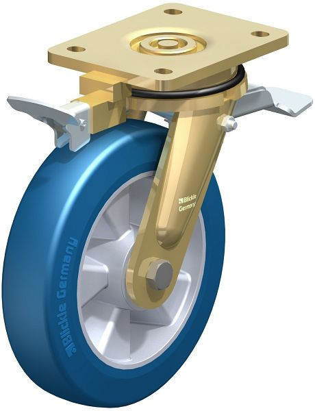 Blickle LS-ALBS 200K-ST-RI4 Stahlgeschweißte Schwerlast-Lenkrolle, schwere Drehkranz-Ausführung mit Feststeller, Blickle Besthane® Soft, Blau, 762646