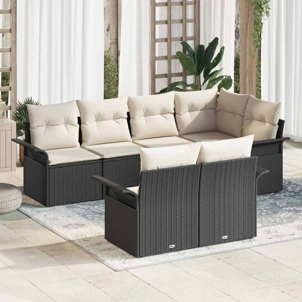 vidaXL Garten-Sofa-Set mit Kissen, 7er Set, Schwarz Poly Rattan, 3354066