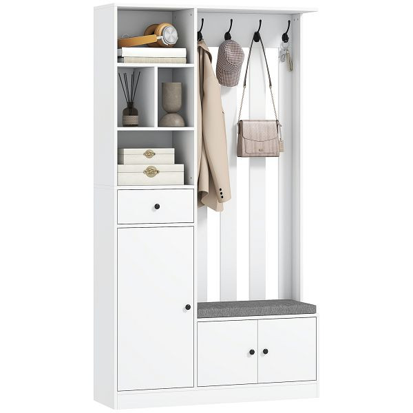 HOMCOM 180 cm Garderobenschrank mit Kleiderständer, Schuhbank, 4 Haken, offene Ablageflächen, MDF, Weiß, 837-644V90ND