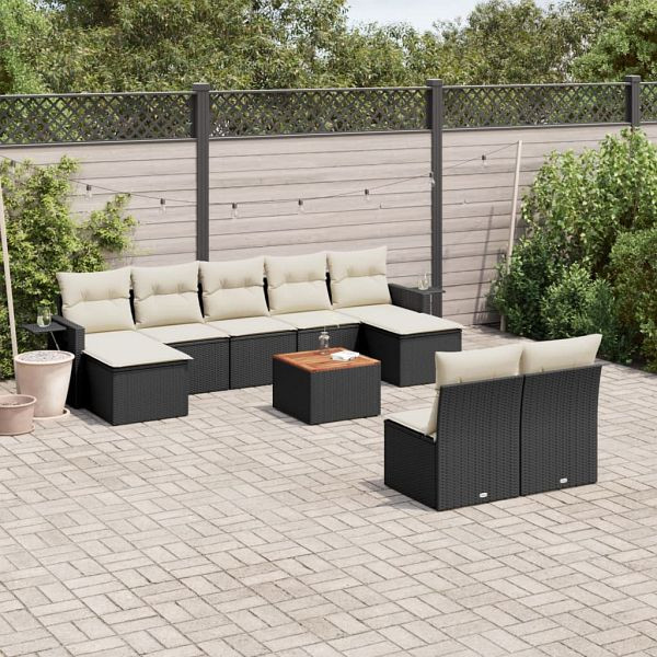 vidaXL 10-tlg. Garten-Sofagarnitur mit Kissen Schwarz Poly Rattan, 3224761