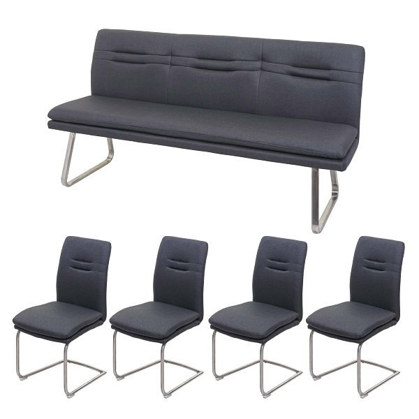 Mendler Esszimmer-Set HWC-H70, Esszimmergruppe Sitzgruppe Esszimmergarnitur, Stoff/Textil Edelstahl gebürstet, dunkelgrau 180cm, 73915+73960+2x73931