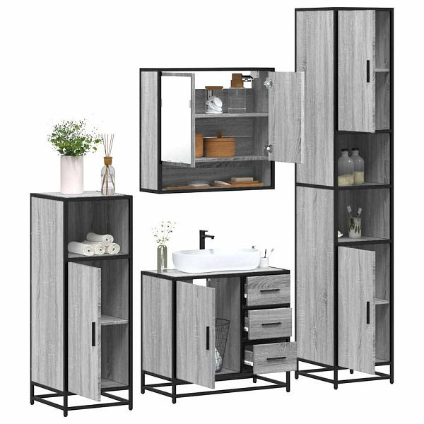 vidaXL 4-tlg. Badmöbel-Set Grau Sonoma Holzwerkstoff, 3301228