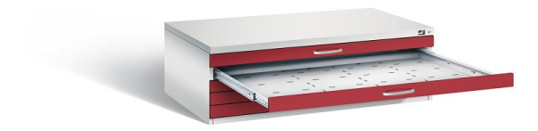 C+P Flachablageschrank Serie 7100_7200, H420xB1350xT960mm, Farbe: Lichtgrau / Rubinrot, Bügelgriff, 7200-000 S10147