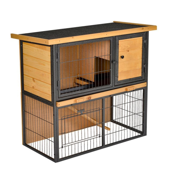 PawHut Kleintierstall erhöhtes Haustier Haus Käfig mit verschließbarer Tür Holz-Metall Hellgelb 89,5 x 45 x 81 cm, D51-176