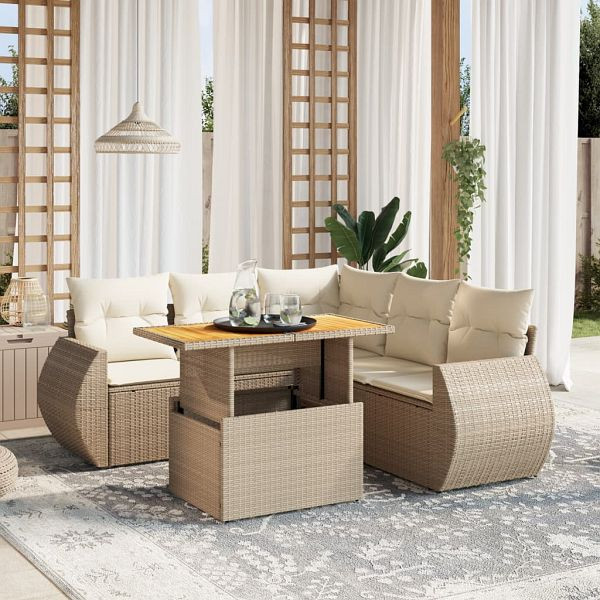 vidaXL 6-teilig Garten-Sofagarnitur mit Kissen Beige Poly Rattan, 3272192