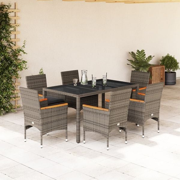 vidaXL 7-teilig Garten-Essgruppe mit Kissen Grau Poly Rattan und Glas, 3278654