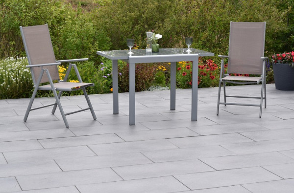 Merxx Amalfi Set 3-teilig, 2 Amalfi Klappsessel, Rückenlehne verstellbar, 1 Ausziehtisch 80 (120) x 70 cm, matte Glasplatte, Silber/taupe, 50877-325