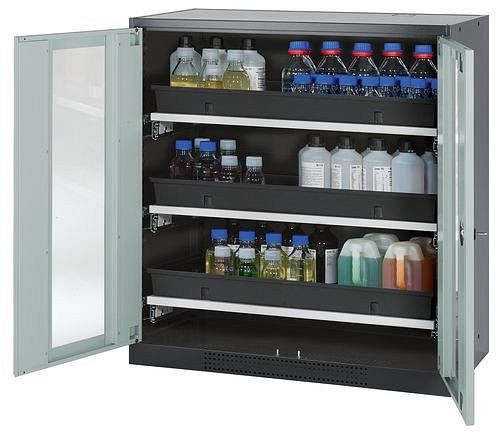 asecos Chemikalienschrank Systema-T CS-103G, Korpus anthrazit, Flügeltüren grau, 3 Tablarauszüge, 208822