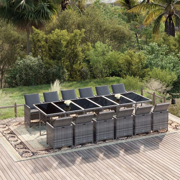 vidaXL 13-teilig Garten-Essgruppe mit Kissen Poly Rattan Grau, 3095617