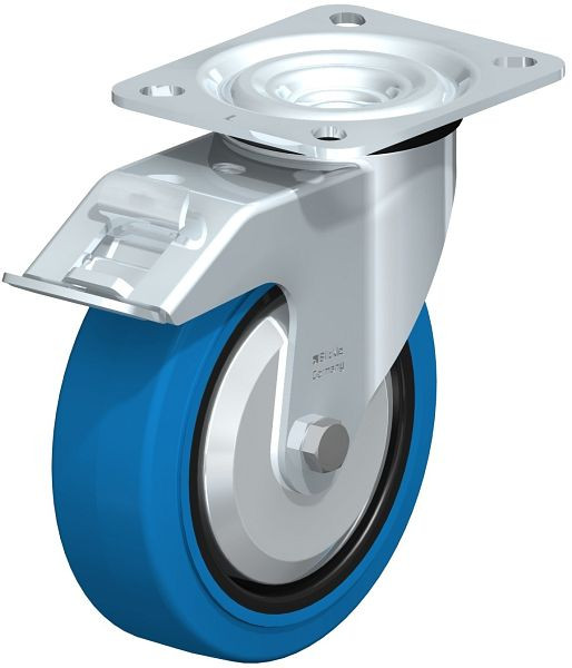 Blickle L-POEV 125K-FI-SB-FA Stahlblech-Lenkrolle, mittelschwere Ausführung, mit Anschraubplatte & Feststeller, Elastik-Vollgummi, Blau, 749345