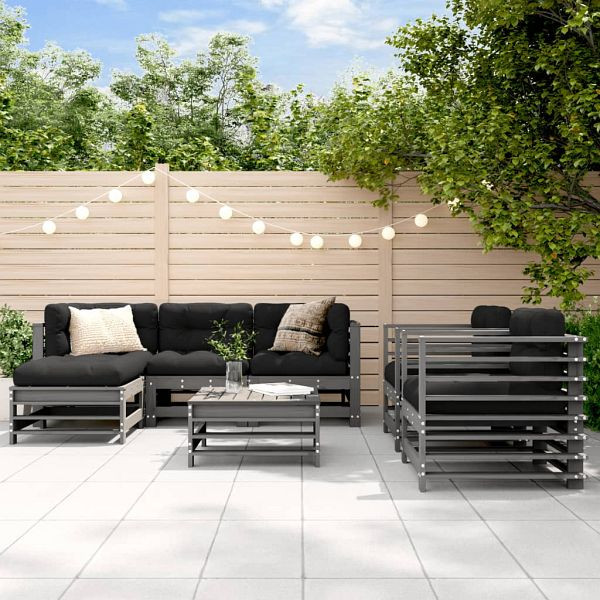 vidaXL 7-teilig Garten-Lounge-Set mit Kissen Grau Massivholz, 3185838