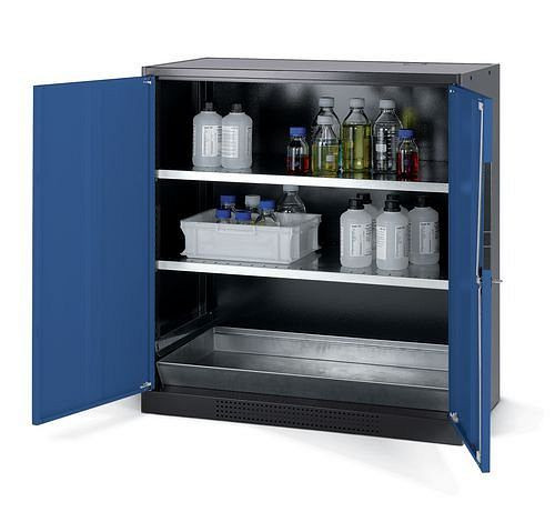 asecos Chemikalienschrank Systema CS-102, Korpus anthrazit, blau, 2 Einlegeböden und Bodenwanne, 202601