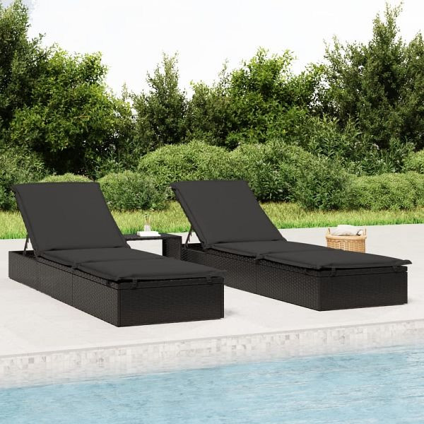 vidaXL Sonnenliegen 2 Stück mit Tisch Schwarz Poly Rattan, 319636