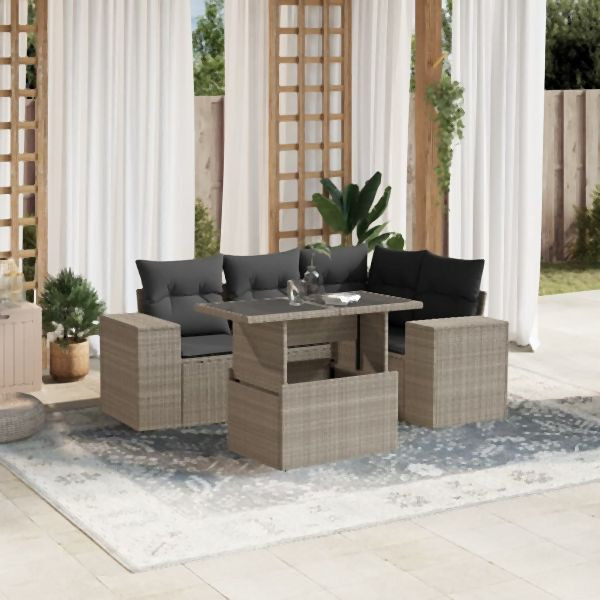 vidaXL 5-tlg. Garten-Sofagarnitur mit Kissen Hellgrau Poly Rattan, 3269142