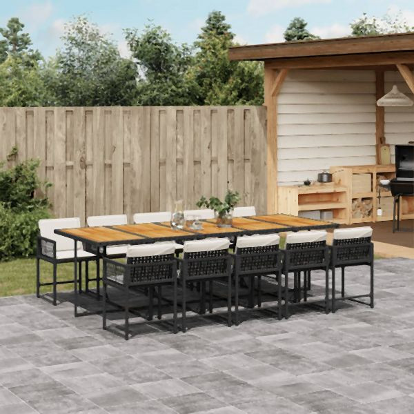 vidaXL 11-tlg. Garten-Essgruppe mit Kissen Schwarz Poly Rattan, 3211479