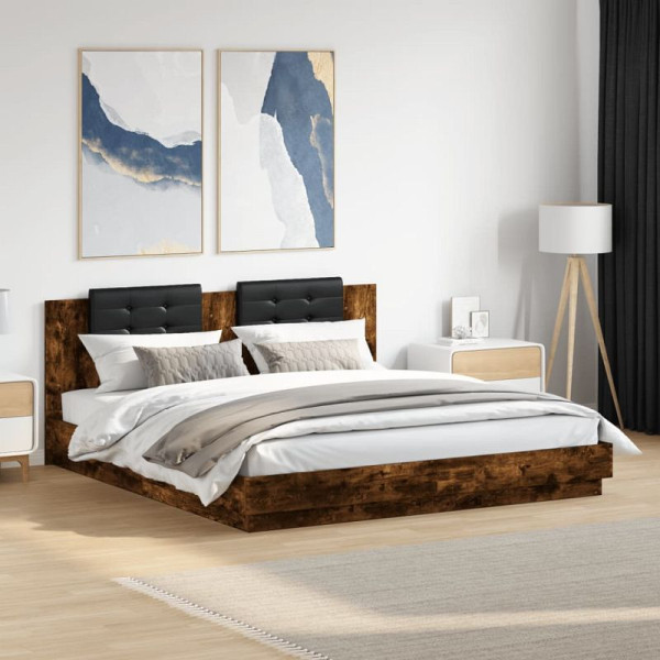 vidaXL Bettgestell mit Kopfteil & LED-Leuchten Räuchereiche 180x200 cm, 3209993