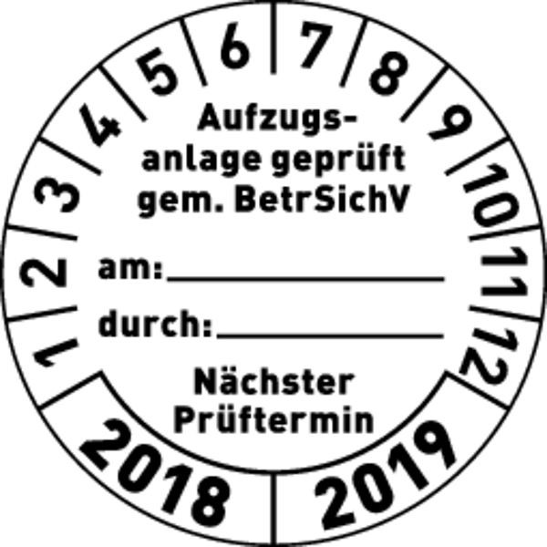 Schilder Klar Prüfplakette "Aufzugsanlage geprüft gemäß BetrSichV...." weiß/schwarz 2024/2025, 30 mm Folie selbstklebend, VE: 40 Stück, 55/60.24