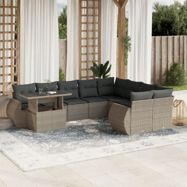 vidaXL 10-tlg. Garten-Sofagarnitur mit Kissen Hellgrau Poly Rattan, 3268772