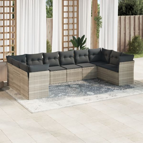 vidaXL 10-tlg. Garten-Sofagarnitur mit Kissen Hellgrau Poly Rattan, 3250041