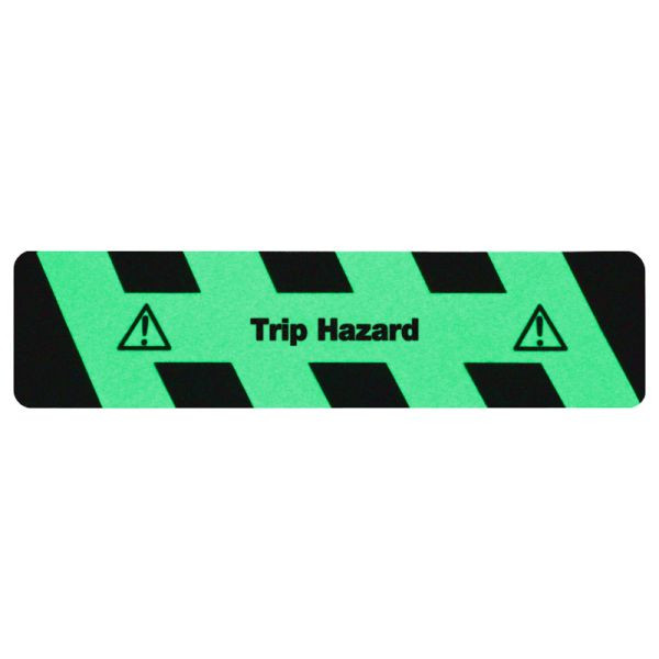 m2 Antirutschbelag nachleuchtend schwarz/grün mit Text "Trip Hazard" Streifen 150x610mm, M1X2E150610