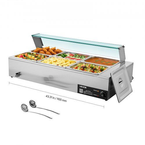 VEVOR Speisenwärmer 1,5 kW, 6 x 1/2 Behälter, Edelstahl mit Glasabdeckung & Suppenkelle, für Catering & Party, SYSPBWQBLZK63G7J5002V2