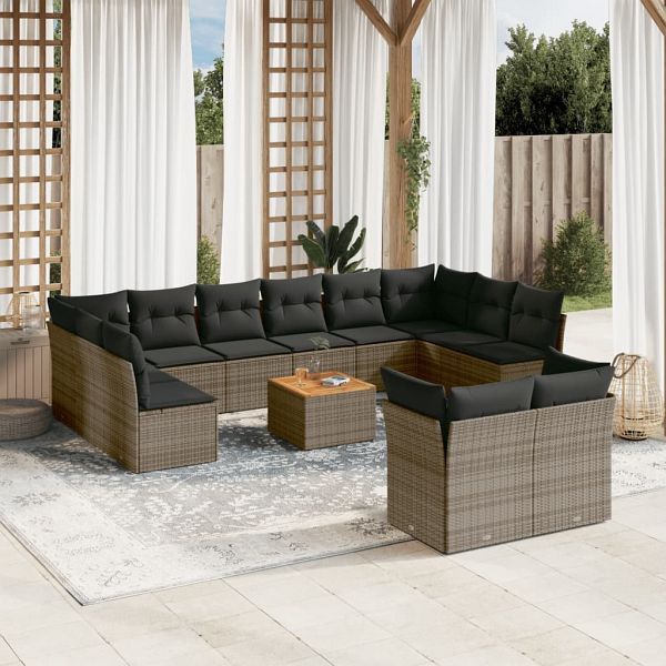 vidaXL 13-teilig Garten-Sofagarnitur mit Kissen Grau Poly Rattan, 3223918