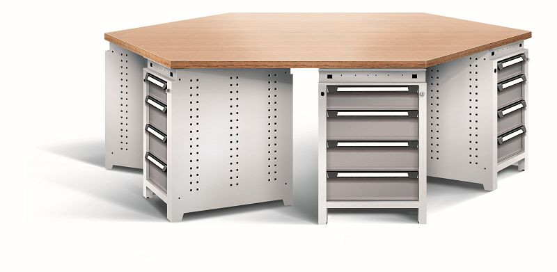 Otto Kind team-work Arbeitsplatz function, mit 6 Unterbauten Typ 107, Schubladen, Multiplexplatte 6-eckig, Gehäuse RAL 7035, Front RAL 7037, 074428067