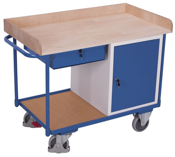 VARIOfit Werkstattwagen mit 2 Ladeflächen, Außenmaße: 1.220 x 640 x 955 mm, RAL 5010 enzianblau, mit verschließbarer Flügeltür, sw-600.611