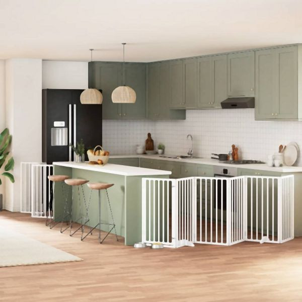 vidaXL 9-tlg. Hundetor mit Tür Faltbar Weiß 450 cm Pappelholz, 3155538