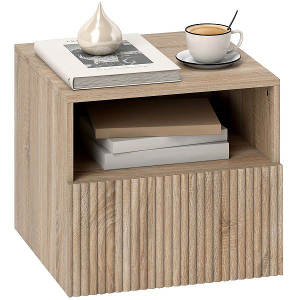 HOMCOM Nachttisch, griffloses Design, offenes Fach, Schublade, Wandmontage, Hellbraun, 83D-134V90ND