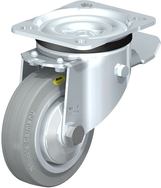 Blickle LK-RD 100R-1-ST-VLI-FA Stahlblech-Lenkrolle, schwere Ausführung, mit Anschraubplatte & Feststeller, Zweikomponenten-Vollgummi, Grau, 339689