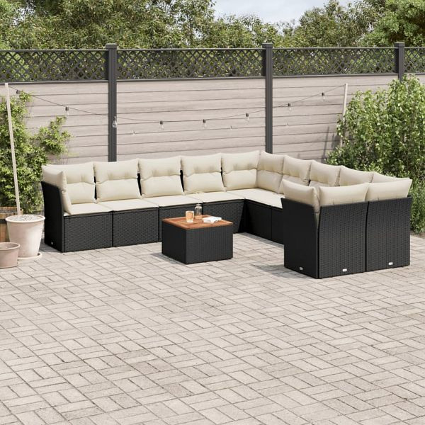 vidaXL 11-teilig Garten-Sofagarnitur mit Kissen Schwarz Poly Rattan, 3223851